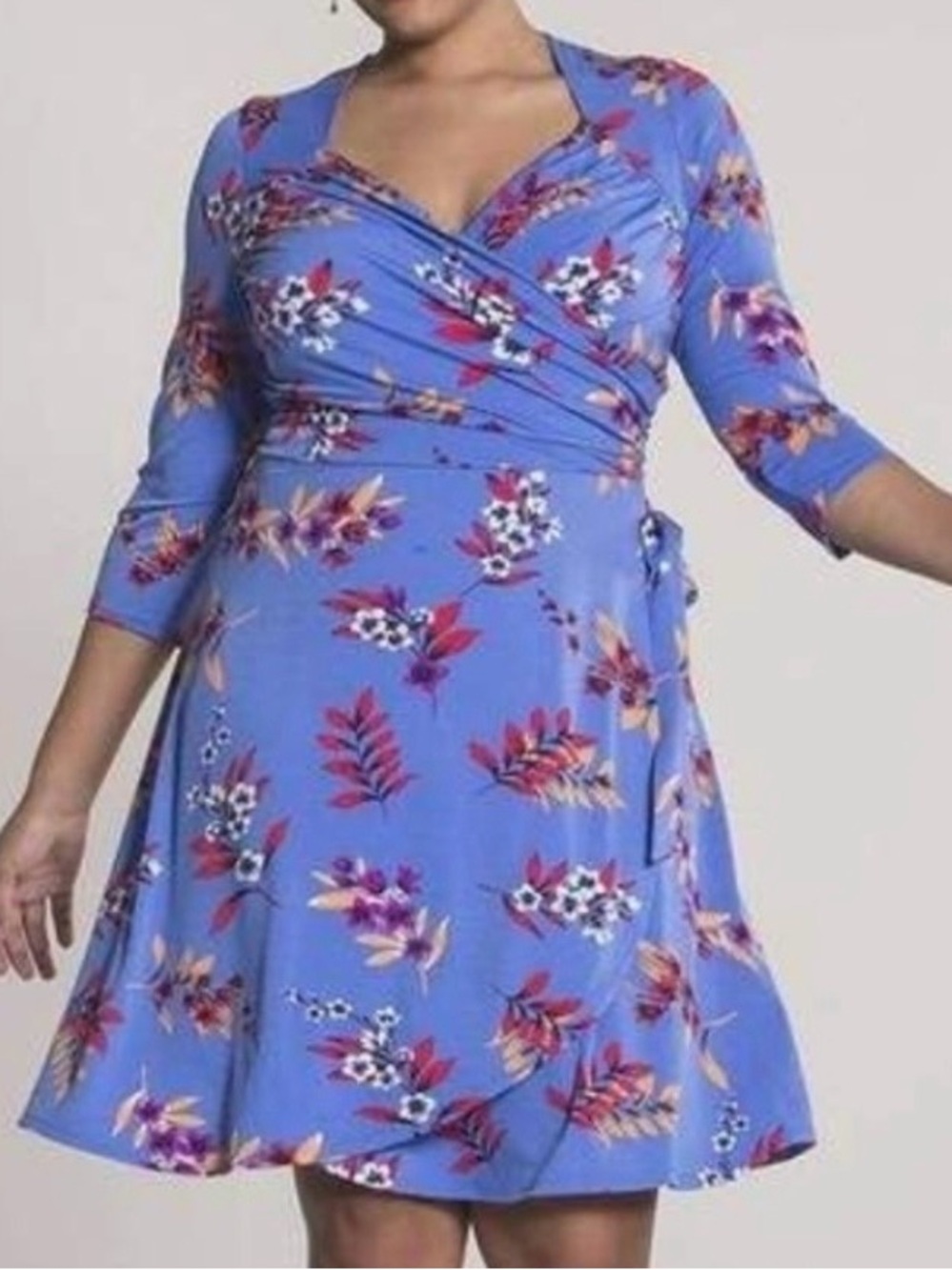 Leota Royal Blue Floral Faux Wrap-Style 3/4 Sleeve Dress